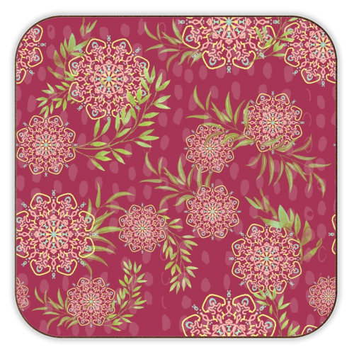 Mandala Flower (dark pink) - personalised beer coaster by DejaReve