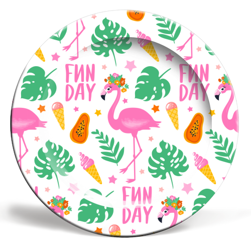 Pink Flamingo Fun Vacation - ceramic dinner plate by Eunice Buchanan