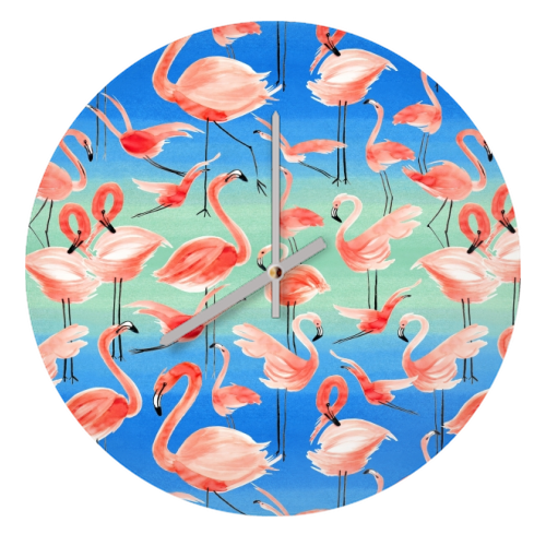 Cute Watercolor Pink Coral Flamingos - quirky wall clock by Ninola Design