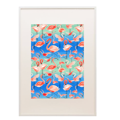 Cute Watercolor Pink Coral Flamingos - framed poster print by Ninola Design
