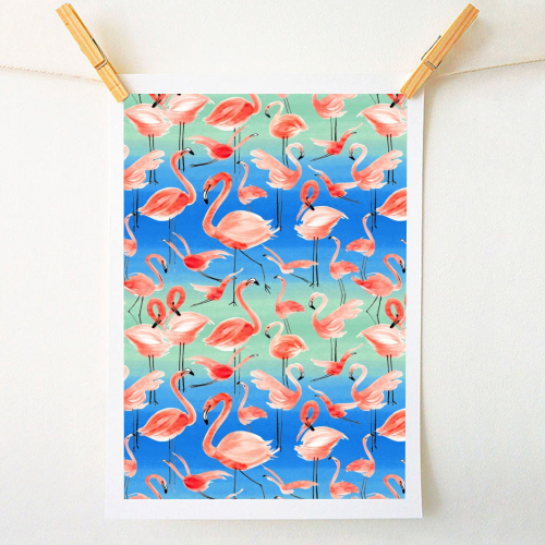 Cute Watercolor Pink Coral Flamingos - A1 - A4 art print by Ninola Design