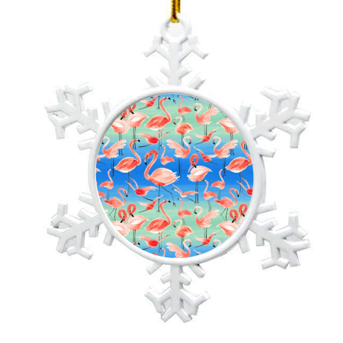Cute Watercolor Pink Coral Flamingos - snowflake decoration by Ninola Design