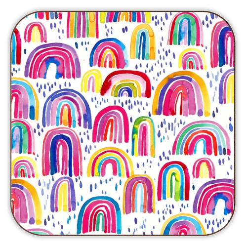 Cute Colorful Watercolor Rainbows - personalised beer coaster by Ninola Design