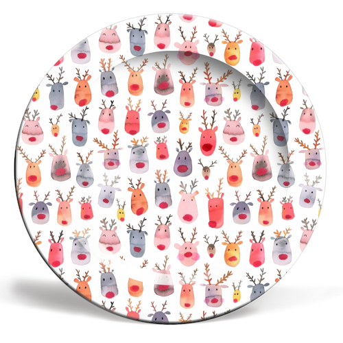 Cute Watercolor Christmas Rudolph Reindeers - ceramic dinner plate by Ninola Design