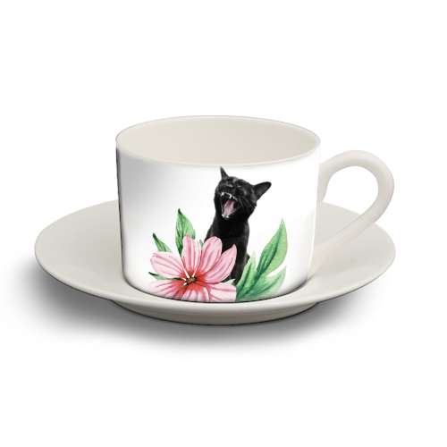 A yawning black cat - personalised cup and saucer by DejaReve