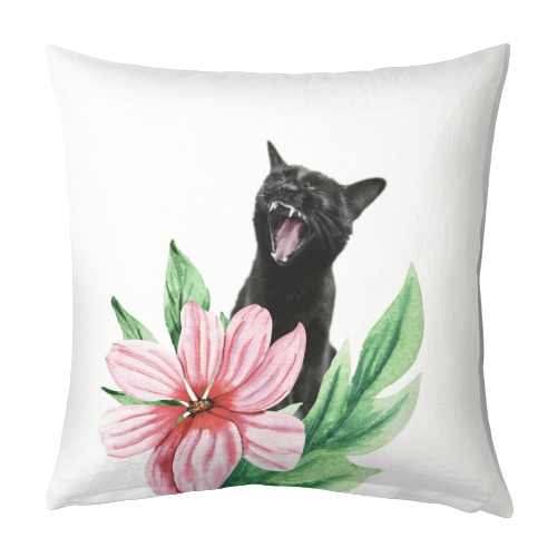 A yawning black cat - designed cushion by DejaReve