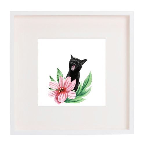 A yawning black cat - framed poster print by DejaReve