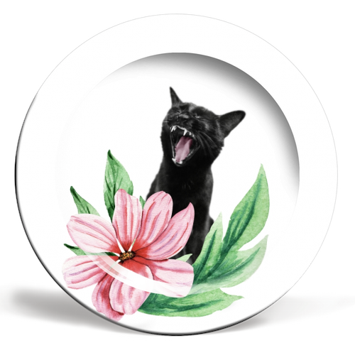 A yawning black cat - ceramic dinner plate by DejaReve