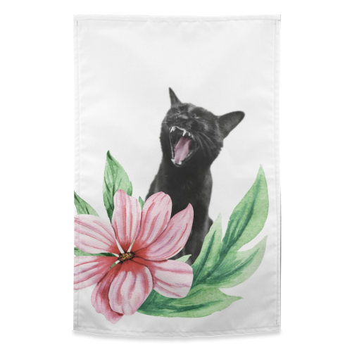 A yawning black cat - funny tea towel by DejaReve