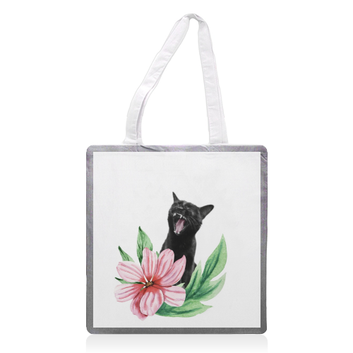 A yawning black cat - printed tote bag by DejaReve