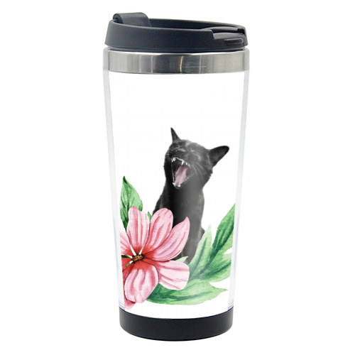 A yawning black cat - photo water bottle by DejaReve