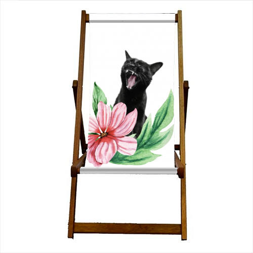 A yawning black cat - canvas deck chair by DejaReve