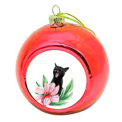 A yawning black cat - colourful christmas bauble by DejaReve