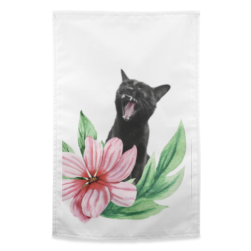 A yawning black cat - funny tea towel by DejaReve