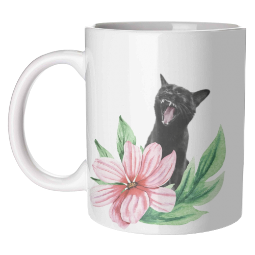 A yawning black cat - unique mug by DejaReve