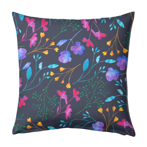 Fluro Floral Watercolour Sprig Pattern  Navy - designed cushion by Dizzywonders