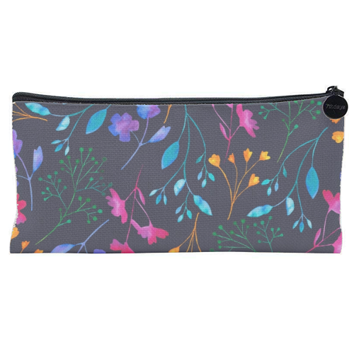 Fluro Floral Watercolour Sprig Pattern  Navy - flat pencil case by Dizzywonders