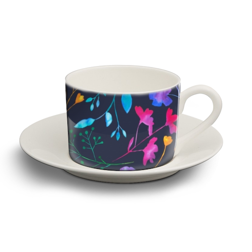 Fluro Floral Watercolour Sprig Pattern  Navy - personalised cup and saucer by Dizzywonders