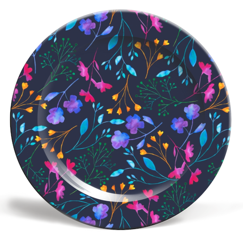Fluro Floral Watercolour Sprig Pattern  Navy - ceramic dinner plate by Dizzywonders