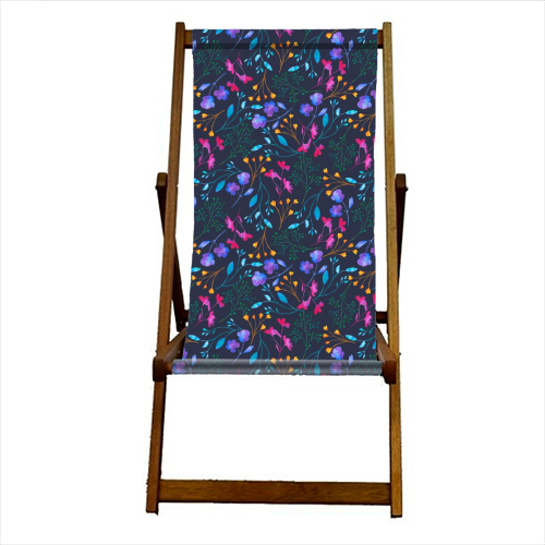 Fluro Floral Watercolour Sprig Pattern  Navy - canvas deck chair by Dizzywonders