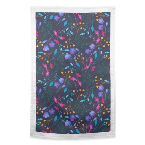 Fluro Floral Watercolour Sprig Pattern  Navy - funny tea towel by Dizzywonders