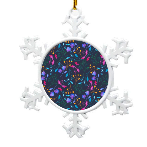 Fluro Floral Watercolour Sprig Pattern  Navy - snowflake decoration by Dizzywonders