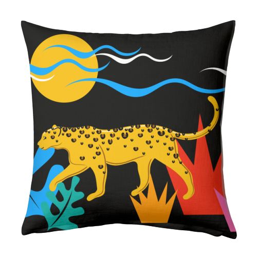 Walking Leopard Illustration ( black background ) - designed cushion by Adam Regester