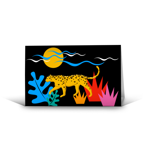 Walking Leopard Illustration ( black background ) - funny greeting card by Adam Regester