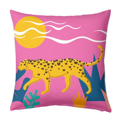 Walking Leopard Illustration ( pink background ) - designed cushion by Adam Regester