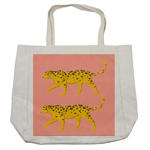 Leopard Pair ( coral background ) - cool beach bag by Adam Regester