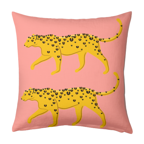 Leopard Pair ( coral background ) - designed cushion by Adam Regester