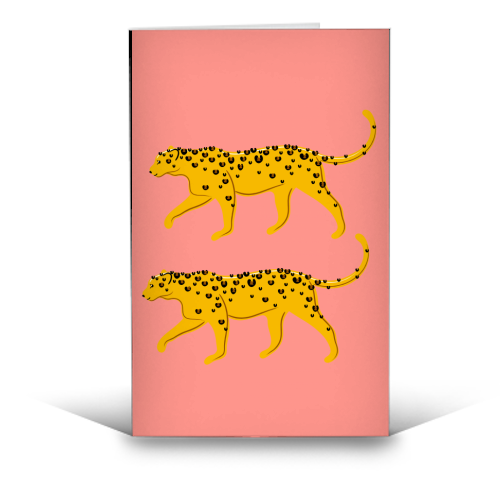 Leopard Pair ( coral background ) - funny greeting card by Adam Regester