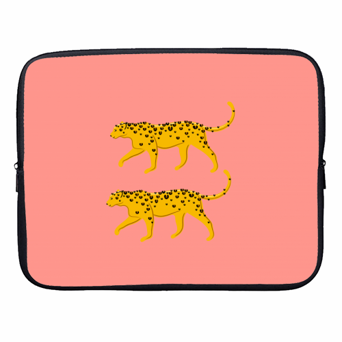 Leopard Pair ( coral background ) - designer laptop sleeve by Adam Regester
