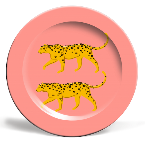 Leopard Pair ( coral background ) - ceramic dinner plate by Adam Regester