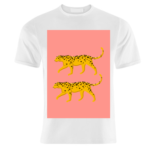 Leopard Pair ( coral background ) - unique t shirt by Adam Regester