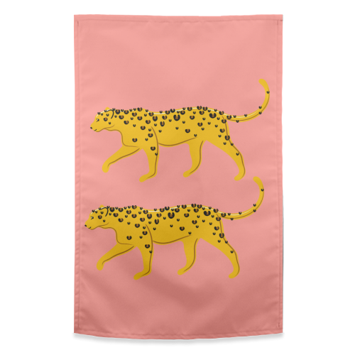 Leopard Pair ( coral background ) - funny tea towel by Adam Regester