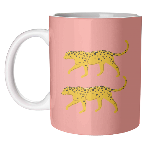 Leopard Pair ( coral background ) - unique mug by Adam Regester