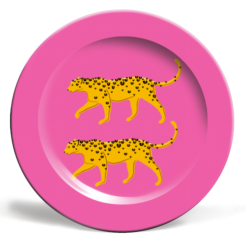 Leopard Pair ( pink background ) - ceramic dinner plate by Adam Regester