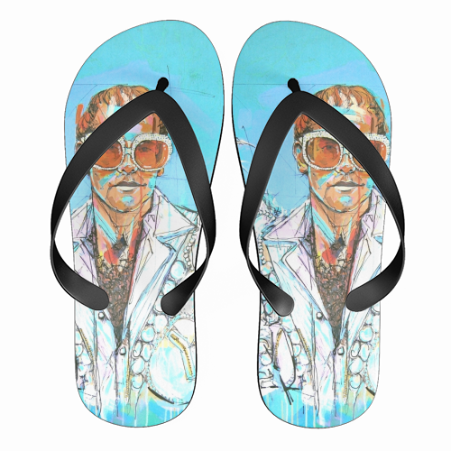 Feathered Elton - funny flip flops by Laura Selevos