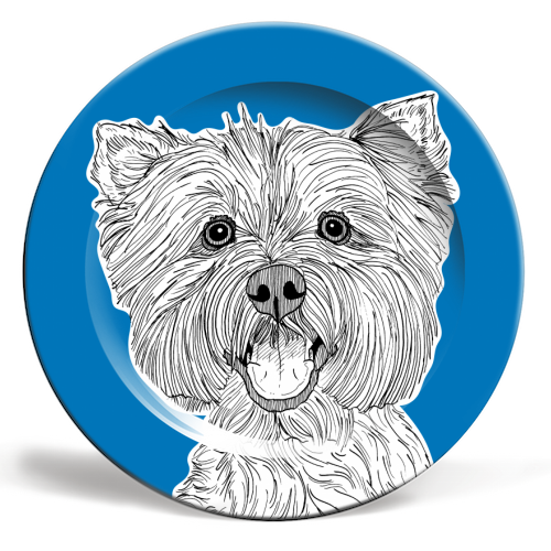 West Highland Terrier Dog Portrait ( blue background ) - ceramic dinner plate by Adam Regester