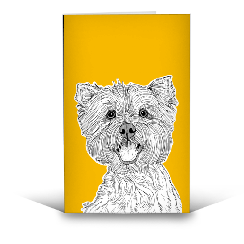 West Highland Terrier Dog Portrait ( yellow background ) - funny greeting card by Adam Regester