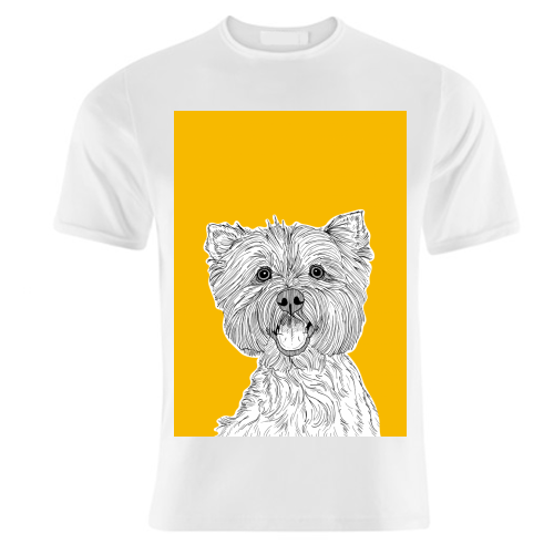 West Highland Terrier Dog Portrait ( yellow background ) - unique t shirt by Adam Regester