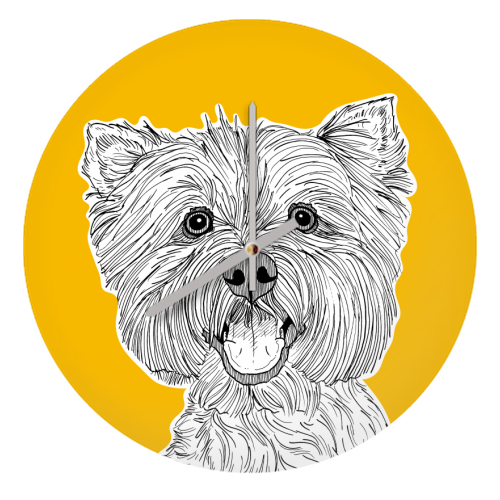 West Highland Terrier Dog Portrait ( yellow background ) - quirky wall clock by Adam Regester