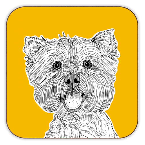 West Highland Terrier Dog Portrait ( yellow background ) - personalised beer coaster by Adam Regester
