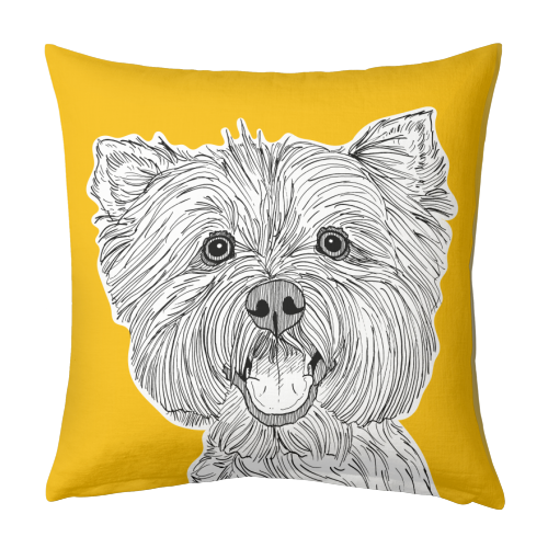 West Highland Terrier Dog Portrait ( yellow background ) - designed cushion by Adam Regester