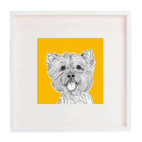 West Highland Terrier Dog Portrait ( yellow background ) - framed poster print by Adam Regester
