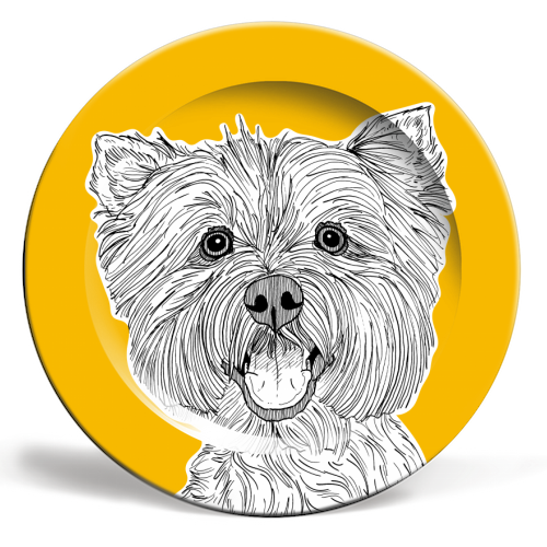 West Highland Terrier Dog Portrait ( yellow background ) - ceramic dinner plate by Adam Regester