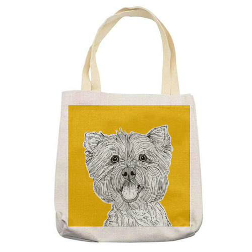 West Highland Terrier Dog Portrait ( yellow background ) - printed tote bag by Adam Regester