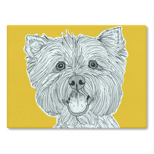 West Highland Terrier Dog Portrait ( yellow background ) - glass chopping board by Adam Regester