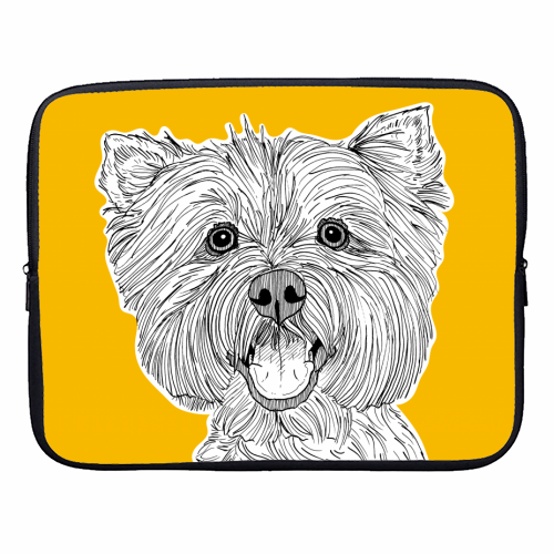 West Highland Terrier Dog Portrait ( yellow background ) - designer laptop sleeve by Adam Regester